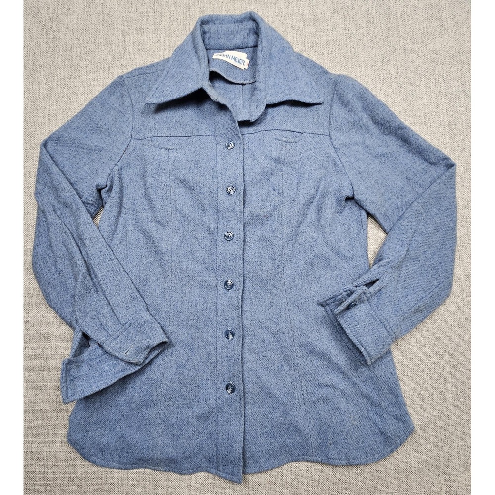 VINTAGE John Meyer Shirt Womens 10 Blue Wool Blend Collared Button Front 70s